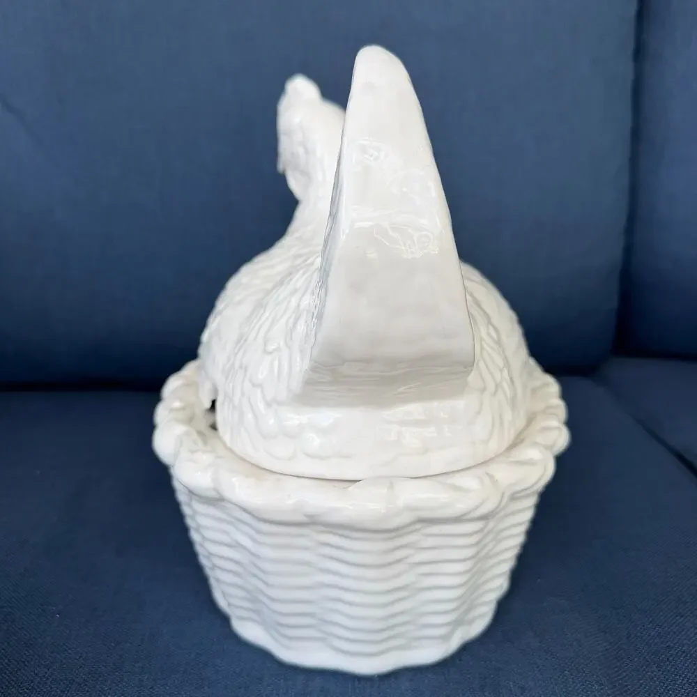 Hen On Nest Soup Tureen Pier 1 Ceramic White Chicken in Basket Serving FLAWED